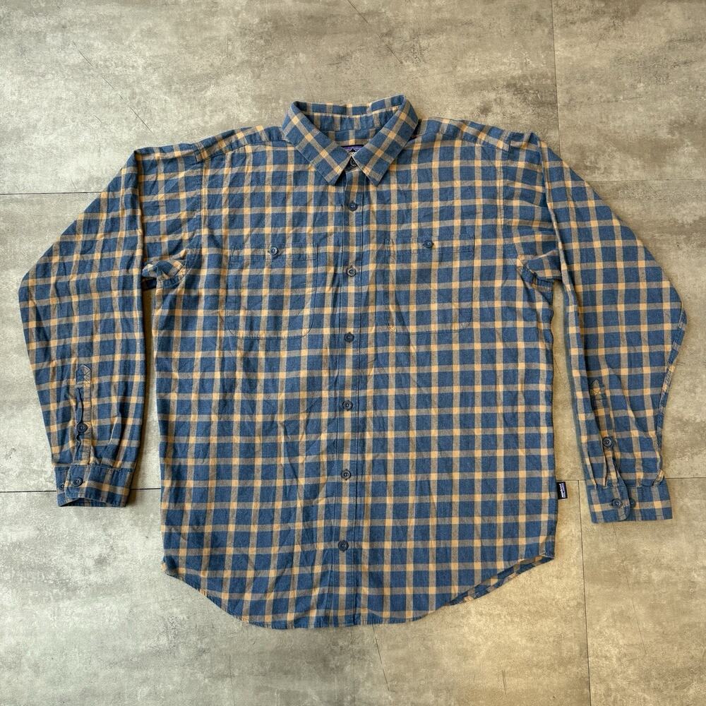 Patagonia Organic Cotton Blue Plaid Check Long Sleeve Button Down Flannel LARGE